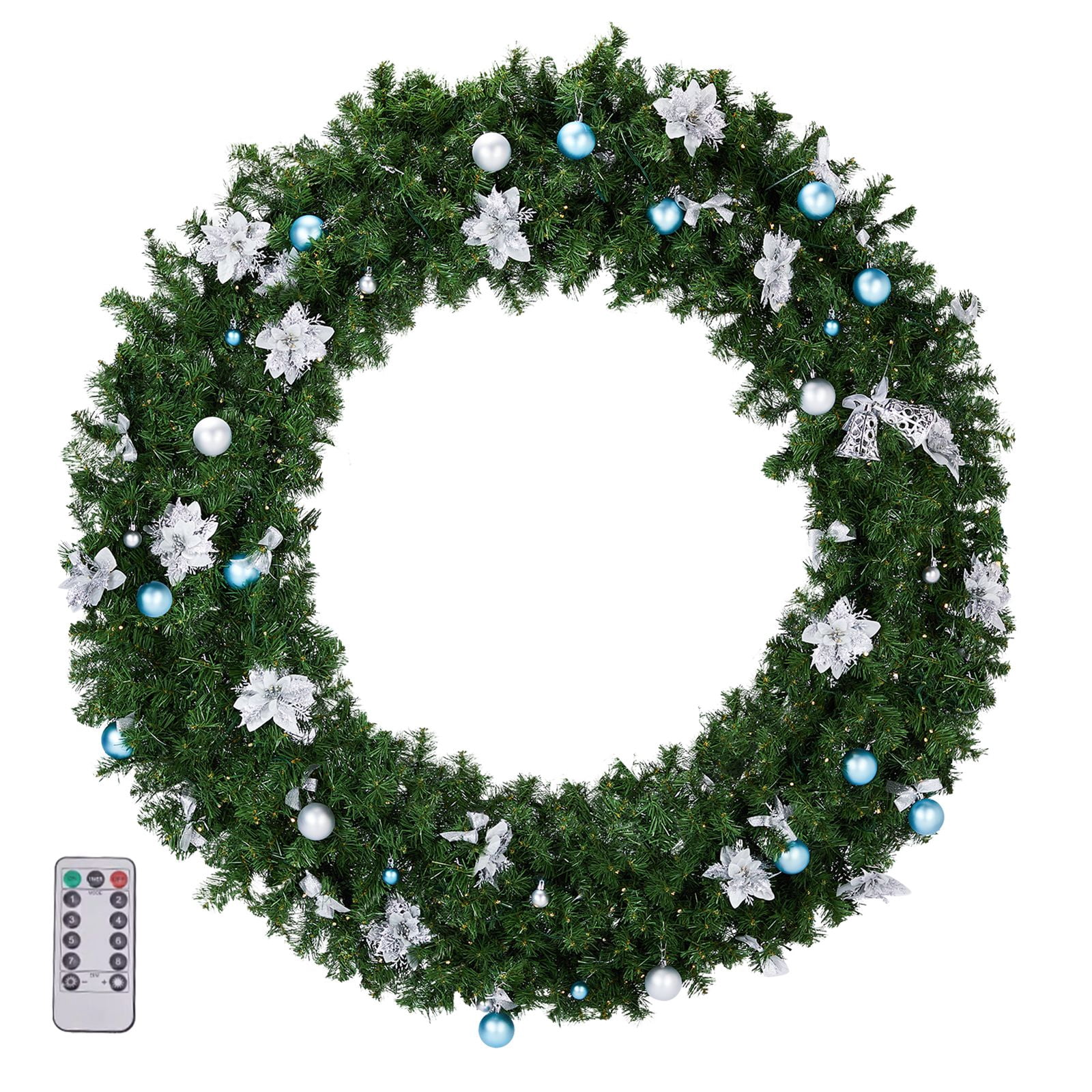 60in Pre-lit Christmas Wreath, Lighted Artificial Xmas Wreath with 220 Cold & Warm White Lights and 600 PVC Tips and DIY Ornaments, for Front Door Gate Wall Xmas Party Decorations, Light Green