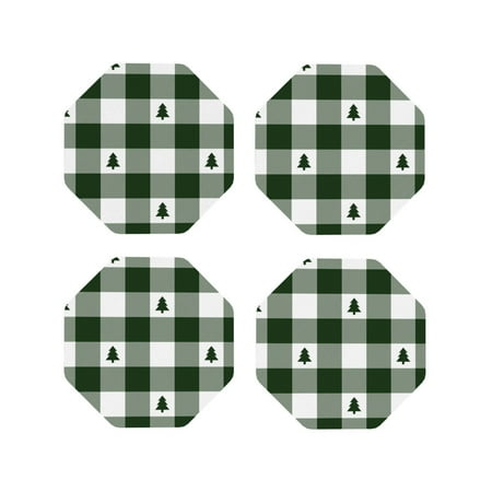 

Pofeuu Green White Lumberjack Plaid Print Coasters for Drinks 4Pack PU Leather Coasters Bar Drink Coasters for Tabletop Protection Furniture from Damage-Octagon