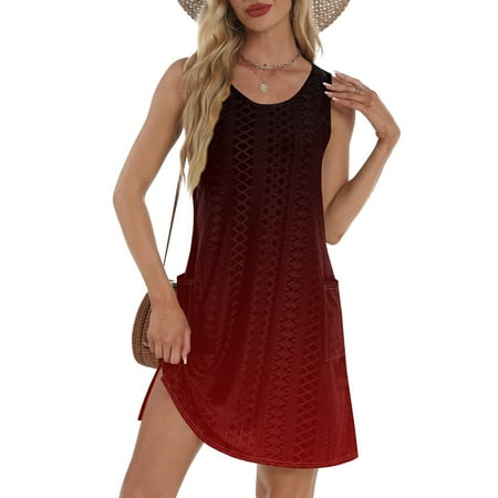 GXIPO Eyelet Swimdress for Women Casual Boho Plus Size Sun Dresses Sleeveless Bikini Beach Cover Up Summer Dresses for Women 2025 Vacation Tank Swimsuit Coverup with Pockets Wine 3XL