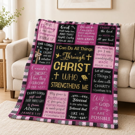 Christian Scripture Fleece Blanket for Women, Pink Inspirational Bible Verse Throw, Religious Gift, Soft Cozy Couch Blanket