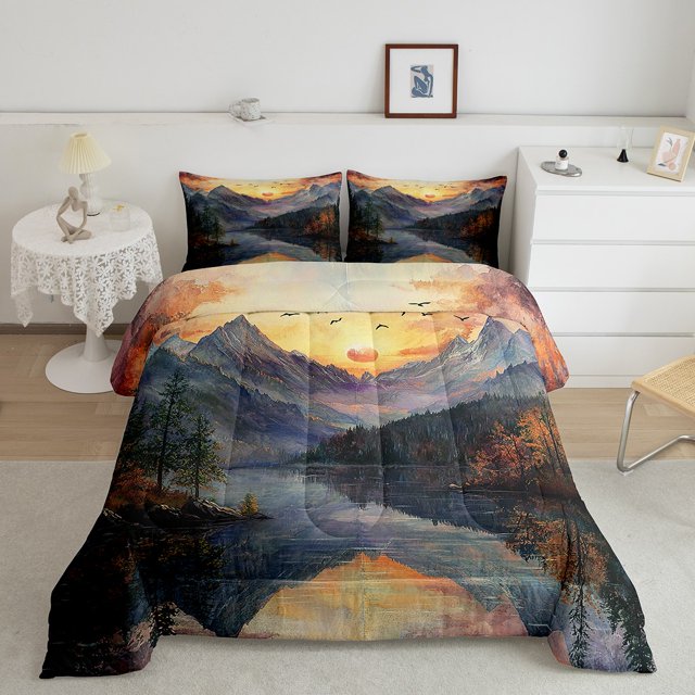 Erosebridal Rustic Scenery Bedding Twin Comforter Set, Pine Tree Down Comforter, Mountain Decor, Breathable 2-Piece