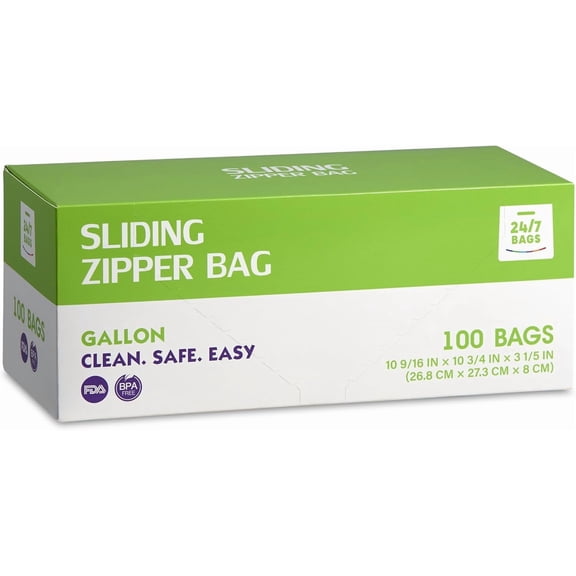 Slider Food Storage Bags, Gallon 100 Count, BPA-Free, Expandable Bottom