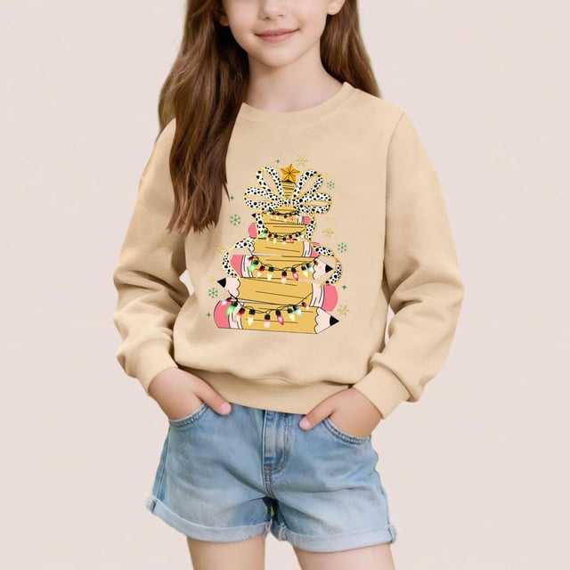 Cowsor Chandails en Molleton Filles Enfants Mignons Graphiques Col Rond Chandail Tops Manches Longues Vacances