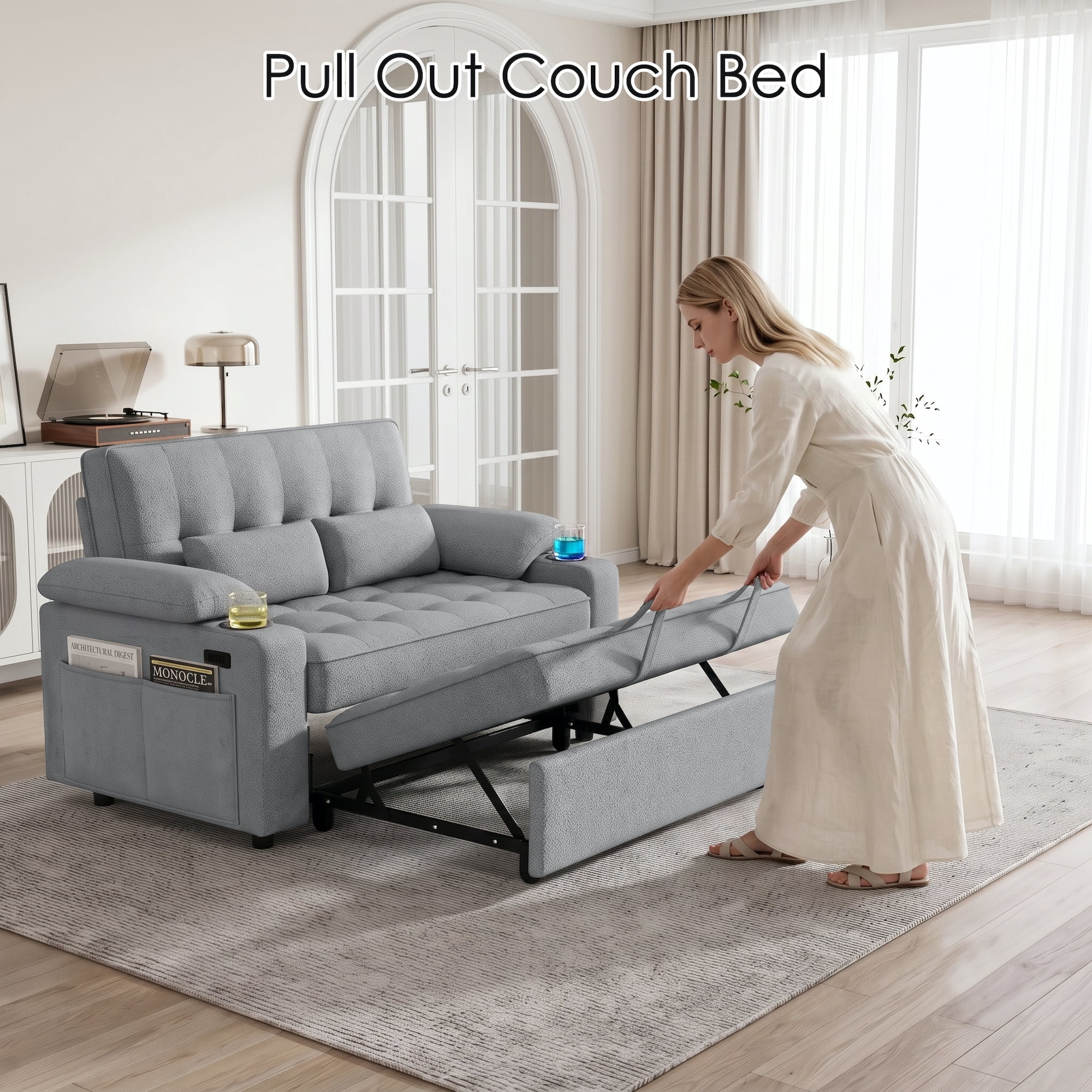 Xiweot Convertible Sleeper Sofa Bed, 58" Full Size Pull Out Couch with Cup Holders, Adjustable Backrest, USB Ports & Side Pockets, Towel Fabric Sleeper Loveseat for Living Room Apartment (Light Gray)