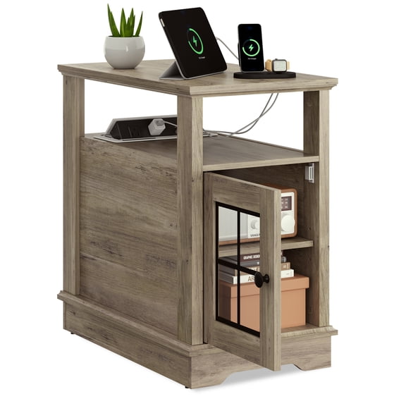 GALAXHERO Farmhouse End Table with Charging Station Narrow Side Table for Living Room Night Stand with Storage, Nightstand with USB Ports and Outlets for Bedroom Greige
