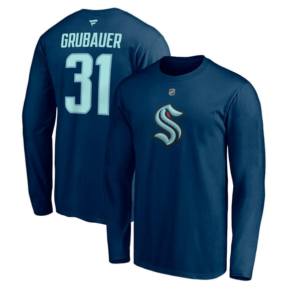 Men's Fanatics Philipp Grubauer-Navy Seattle Kraken Authentic Stack Long Sleeve Name & Number T-Shirt