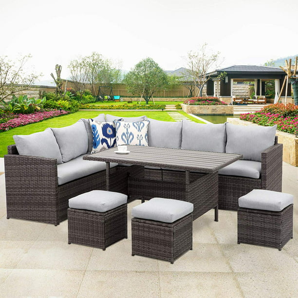 Wicker Sectional Sofa Set, Outdoor Couch And Dining Table Set
