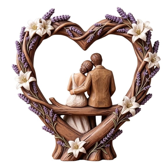 Wooden Couple Heart Sculpture Romantic Wood Art Figurine Home Room Decor, Wedding Anniversary, Rustic Wedding Gifts for Husband Wife Boyfriend Girlfriend Meaningful Display Piece Keepsake