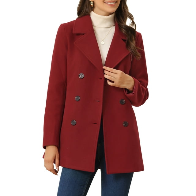 Unique Bargains Manteau Mi-Cuisse à Double Boutonnage avec Col Cranté pour Femmes Rouge Vin L
