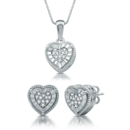Brilliance Fine Jewelry 1/10 CTTW Diamond Sterling Silver Heart Earring and Pendant Set