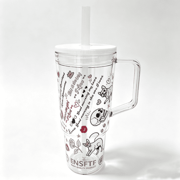 40oz Insulated Clear Tumbler with Handle and Lid & Straw, Reusable Travel Mug for Cold and Hot Drinks, Double-Wall Plastic Water Bottle | Crystal-Clear | Car Cup Holder Fit | Leakproof | BPA-Free