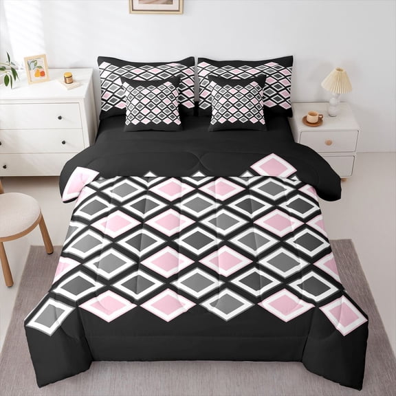 Castle Fairy Minimalist Checkered Twin Bedding Sets,Black Pink Grey Bedding Comforter Set