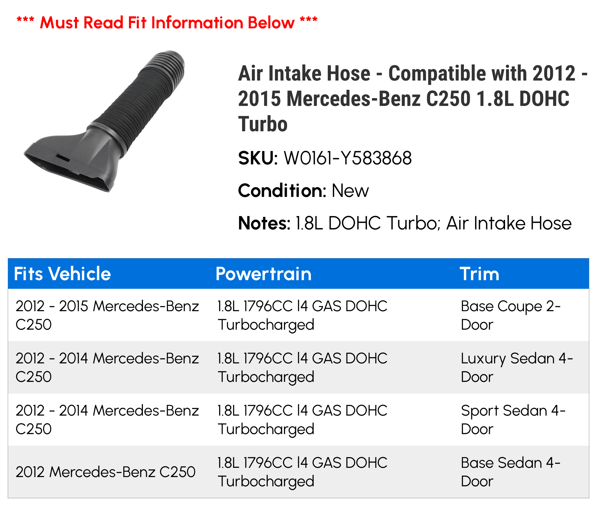 2014 mercedes c250 sale air intake hose