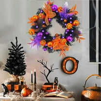 InsCrazy Halloween Decorations Wreath Black Decoration Halloween Wreath for Front Door Pre-lit Artificial Halloween Front Door Wreath for Indoor Outdoor Home Party Wreath with Light