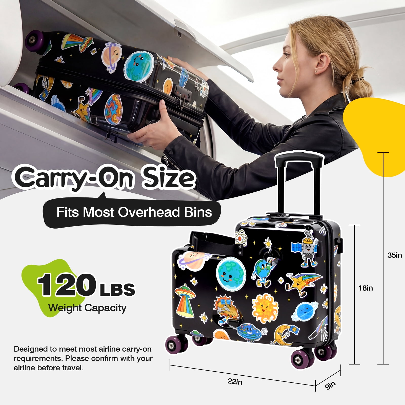 Advwin Kids Ride-On Luggage with Safety Belt, TSA Lock & Footrest, Hardside Spinner Travel Suitcase for Children, Black Space Theme