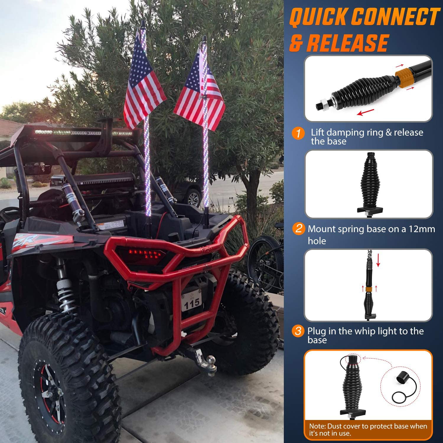 Road Vehicle ATV UTV RZR Jeep Trucks Dunes AddSafety 2PCS 3FT RF Remote Control LED Whips Light With Dacning/Chasing Light with Hookup and American Flag For Off 