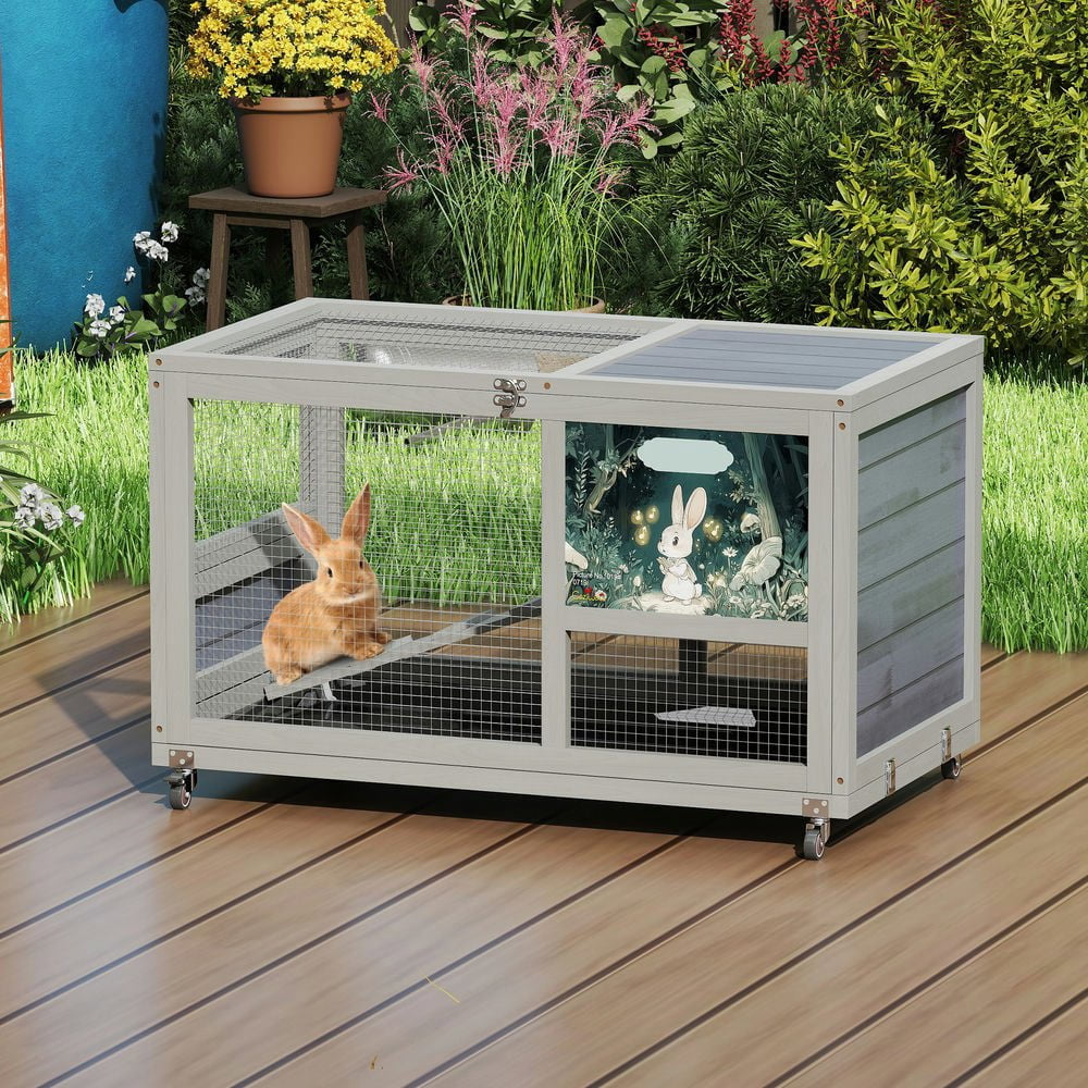 Resenkos 2-Tier Rabbit Hutch, Wooden Cage with Rollers, Removable Roof, Stairs, Easy-Clean Tray, Guinea Pig Home, Gray With Colorful Patterns
