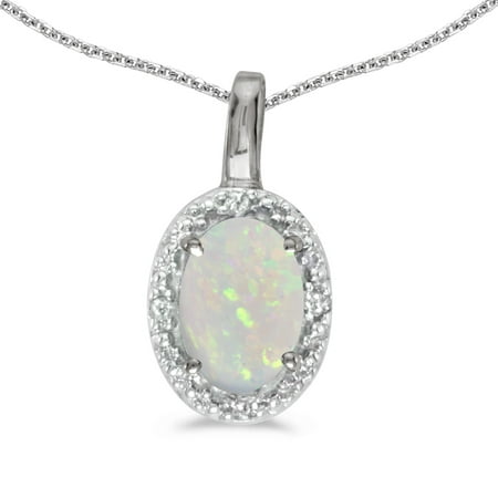 - 14k White Gold Oval Opal And Diamond Pendant with 18