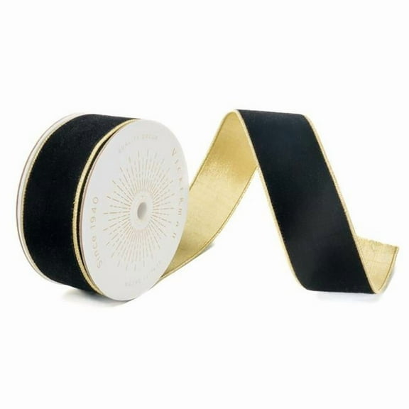 Vickerman QK241565 2.5 in. x 10 Yards Black Velvet Gold Trim & Backing Wired Ribbon