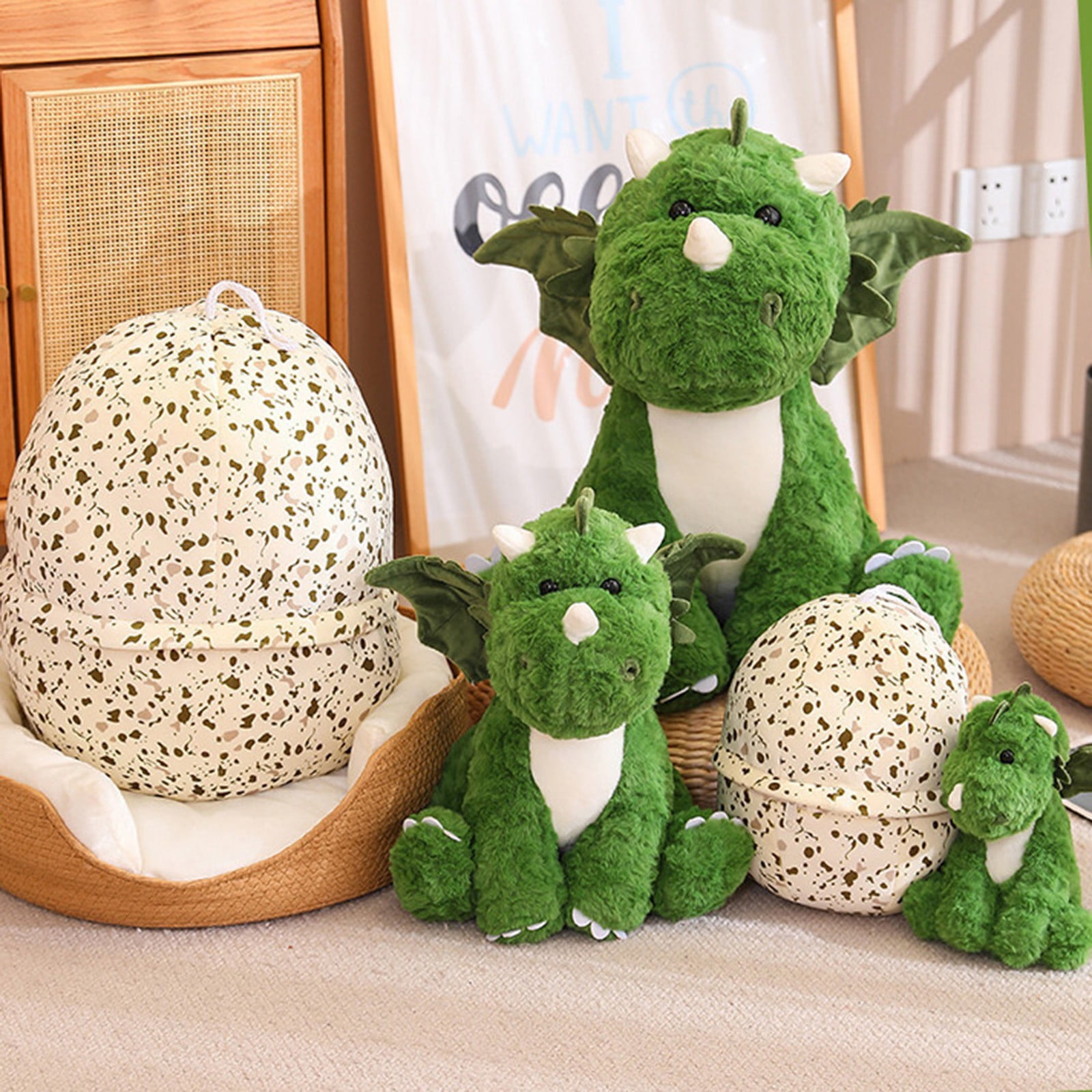 Large Hatching Dinosaur Egg Plush Toy Set, 2-in-1 Baby Pterosaur Stuffed Animal, Soft Green Dino Kids Gifts, Easter Basket Stuffers, Birthday Presents for Boys, Cute Cartoon Room Decor