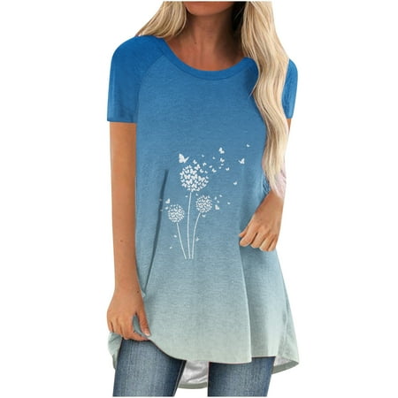 

Plant Shirt Long T Shirts for Women Womens Dandelion Print Tunic Tops Short Sleeve Crew Neck Tops Loose Comfy Fit Tshirts Thanksgiving Scrub Tops Women