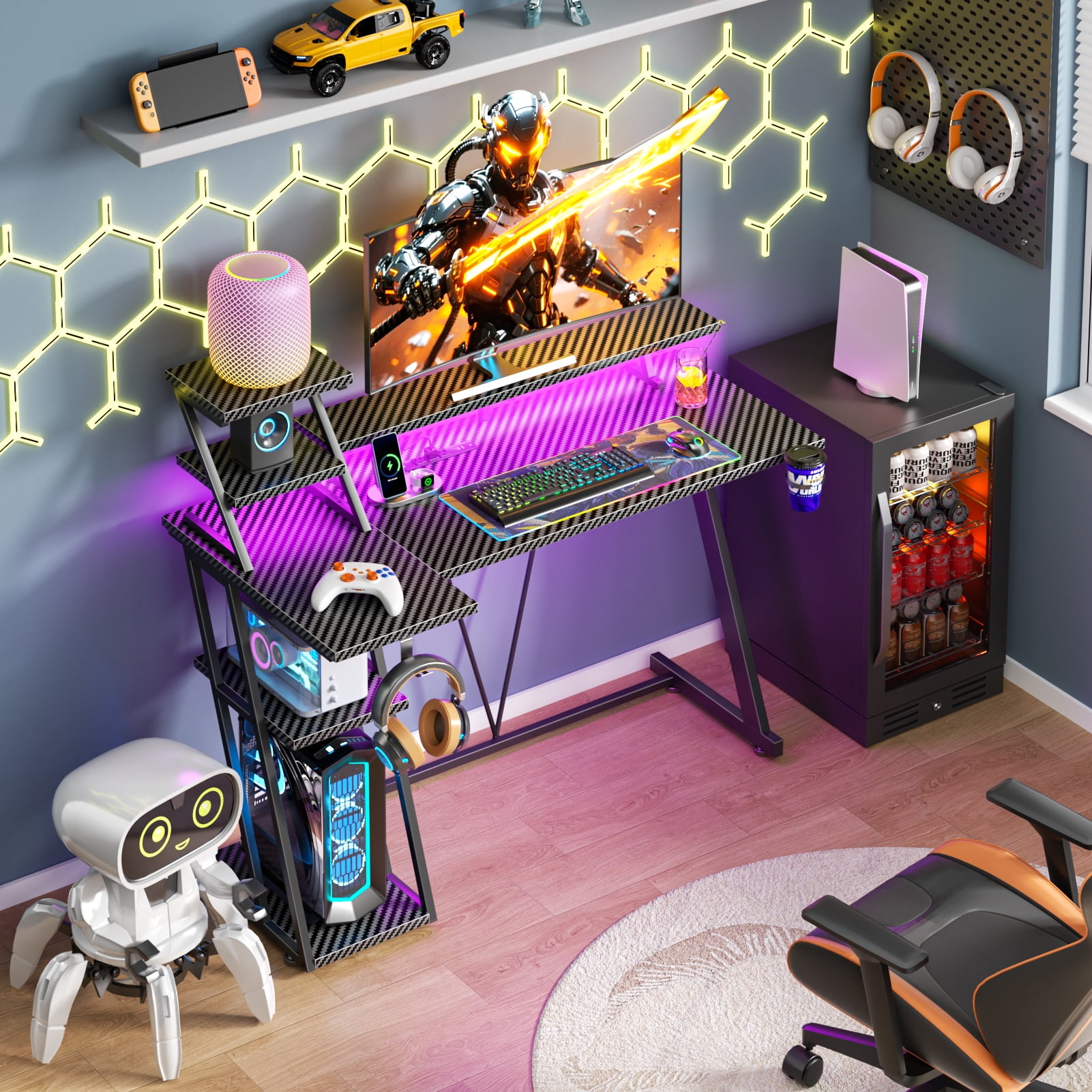Satifur 39" Carbon Fiber Gaming Desk L-Shaped Computer Desk, RGB Lights & Power Outlets, Black