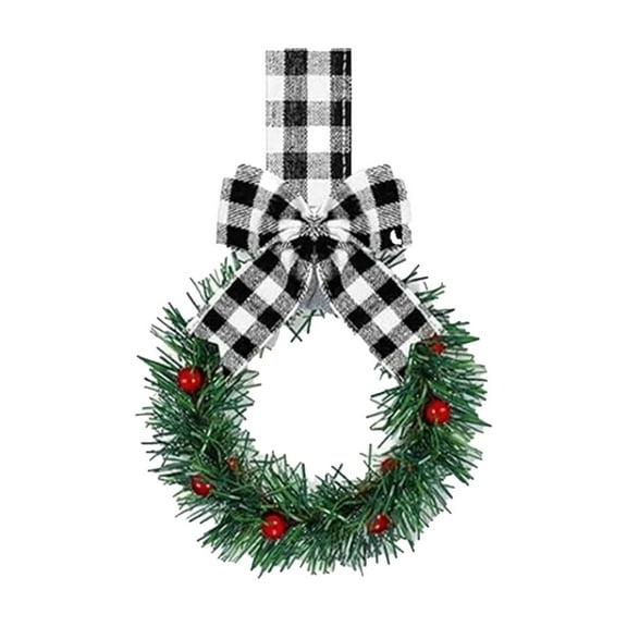 6PC Christmas Kitchen Cabinet Wreaths with Plaid Bow Ribbon Hanging for Cabinet Doors Decorative Kitchen Window Outdoor Indoor Holiday Decor