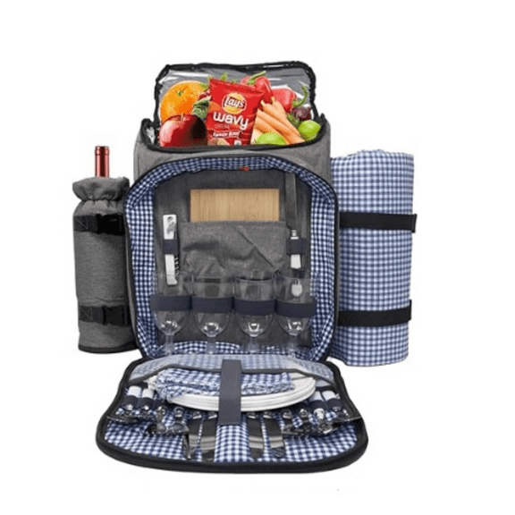 Large Picnic Backpack, Insulated Bag with Detachable Wine Cooler & Picnic Blanket, Includes Dinnerware Set for 4 & Picnic Accessories, Waterproof Outdoor Travel Backpack for Beach, Blue