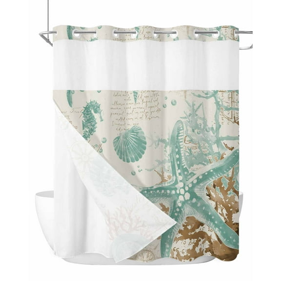No Hook Cloth Fabric Shower Curtain with Snap in Liner, Aqua Coastal Starfish Waterproof Shower Curtains Set with See Through Top Window, Farmhouse Nautical Seahorse Coral Bath Curtains 72"x78"