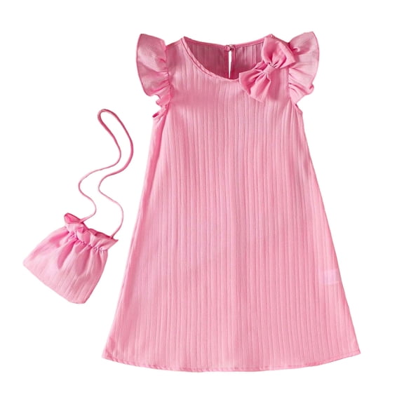 Bainana Stylish Fit Dress For Girls Solid Color Ruffled Sleeve Crew Neck With Bow Detail Dress With Matching Bag 2 Piece Little Kids Casual Party Outfit Pink Size 9-10 Years