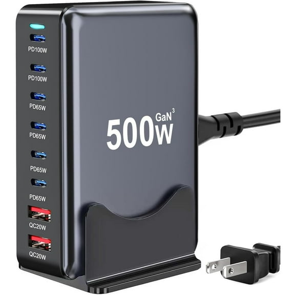 500W GaN Desktop Charging Station with 8 Ports, 6 USB-C and 2 USB-A Fast Charger for Laptops and Smartphones