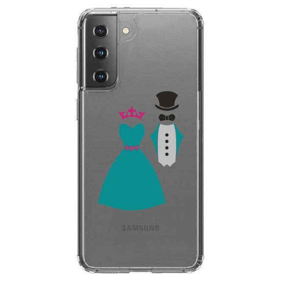 DistinctInk Clear Shockproof Hybrid Case for Galaxy S21 5G (6.2" Screen) - TPU Bumper Acrylic Back Tempered Glass Screen Protector - Bride & Groom Wedding Attire