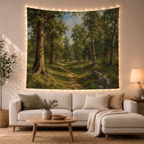 Sunlit Forest Path Through Lush Woodland, Peaceful Vintage for Nature Lovers, Botanical Wall Art, Housewarming Gift Tapestry Wall Hanging for Bedroom, Living Room and Dorm