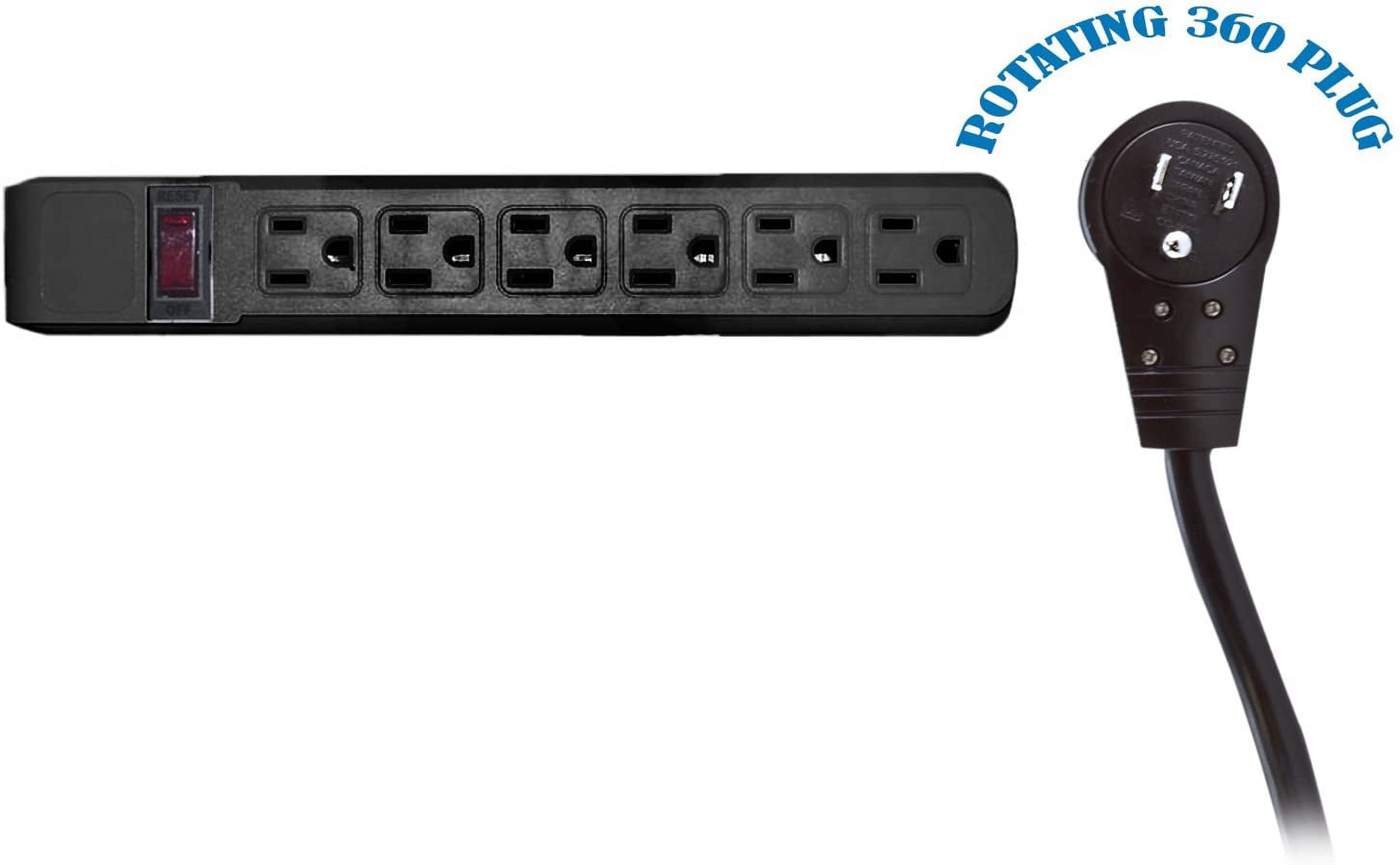Surge Protector, Flat Rotating Plug, 6 Outlet, Black Horizontal Outlets, Plastic, Power Cord 10 foot