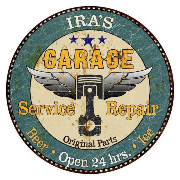 IRA'S Garage 14" Round Metal Sign Man Cave Home Wall Decor 100140027013