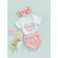thumbnail image 4 of Bagilaanoe Newborn Baby Girls 3 Pieces Outfits Letter Print Pink Short Sleeve Romper Tops + Shorts + Headband 3 6 12 18 Months Summer Casual Set, 4 of 8