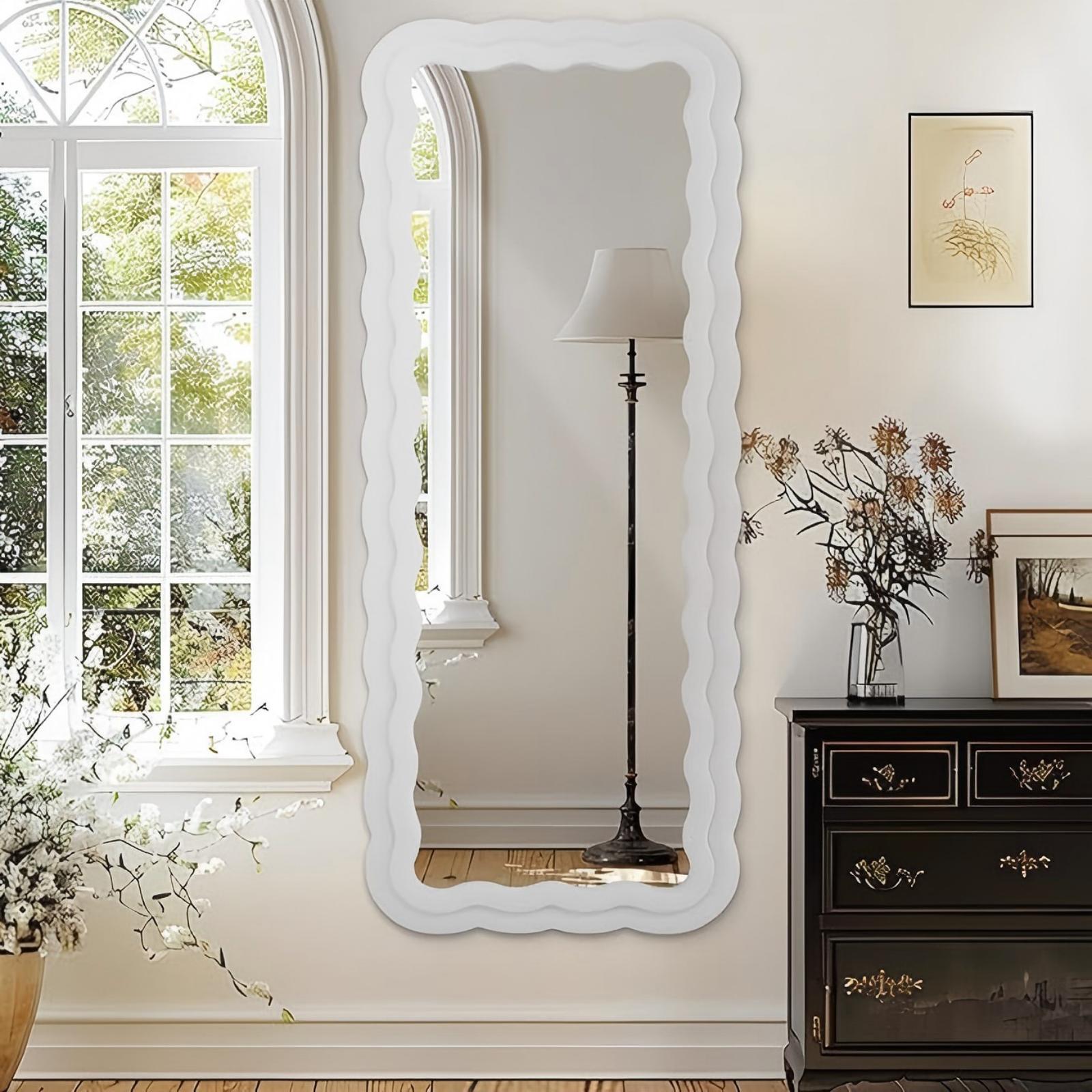 Anyrose 63"x24" Wavy Full Length Mirror Floor Mirror with Flannel Frame,White