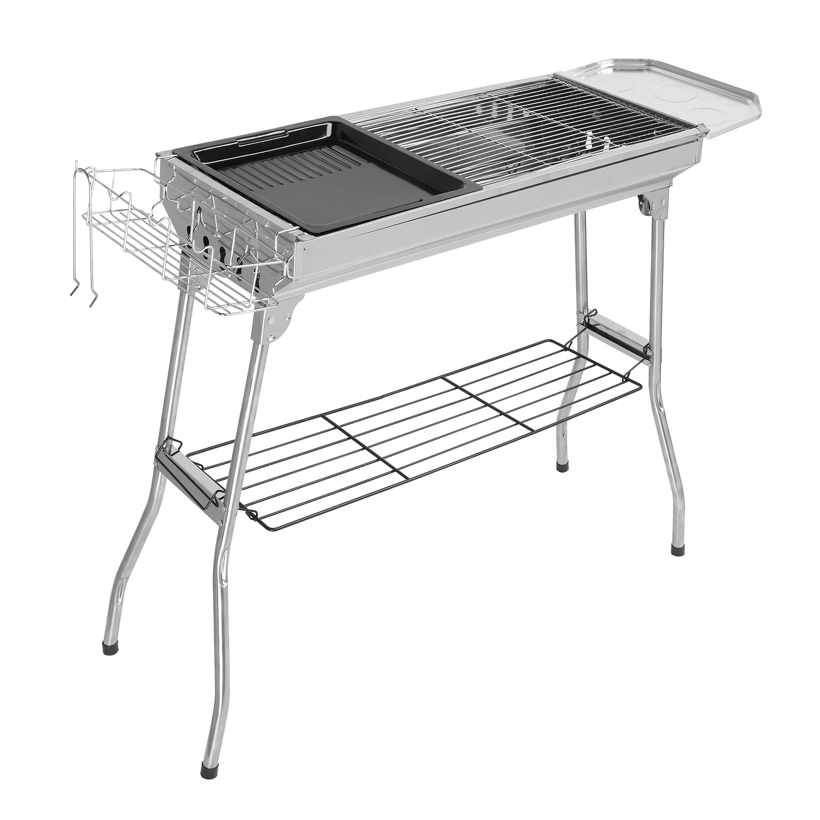 Portable Stainless Steel BBQ Grill Foldable Outdoor Barbecue Grill with Dual Grilling Nets Side Storage Basket & Bottom Shelf Camping Picnic Backyard Cooking Grill