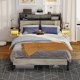 thumbnail image 1 of LLXINGS Queen Bed Frame with Horizontal Golden Stripe Storage Headboard&LED Nightstands, Metal Platform Bed with Charging Station, Heavy Duty Metal Slats, No Box Spring Needed, Noise Free(Grey Oak), 1 of 14