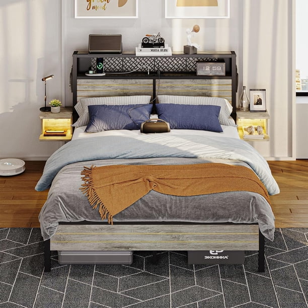 LLXINGS Queen Bed Frame with Horizontal Golden Stripe Storage Headboard&LED Nightstands, Metal Platform Bed with Charging Station, Heavy Duty Metal Slats, No Box Spring Needed, Noise Free(Grey Oak)