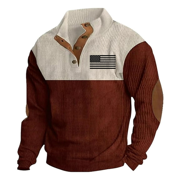 Hifoo Men's Flag Print Casual Stand Collar Long Sleeve Corduroy Sweatshirt Autumn Pullover Cozy Dailywear