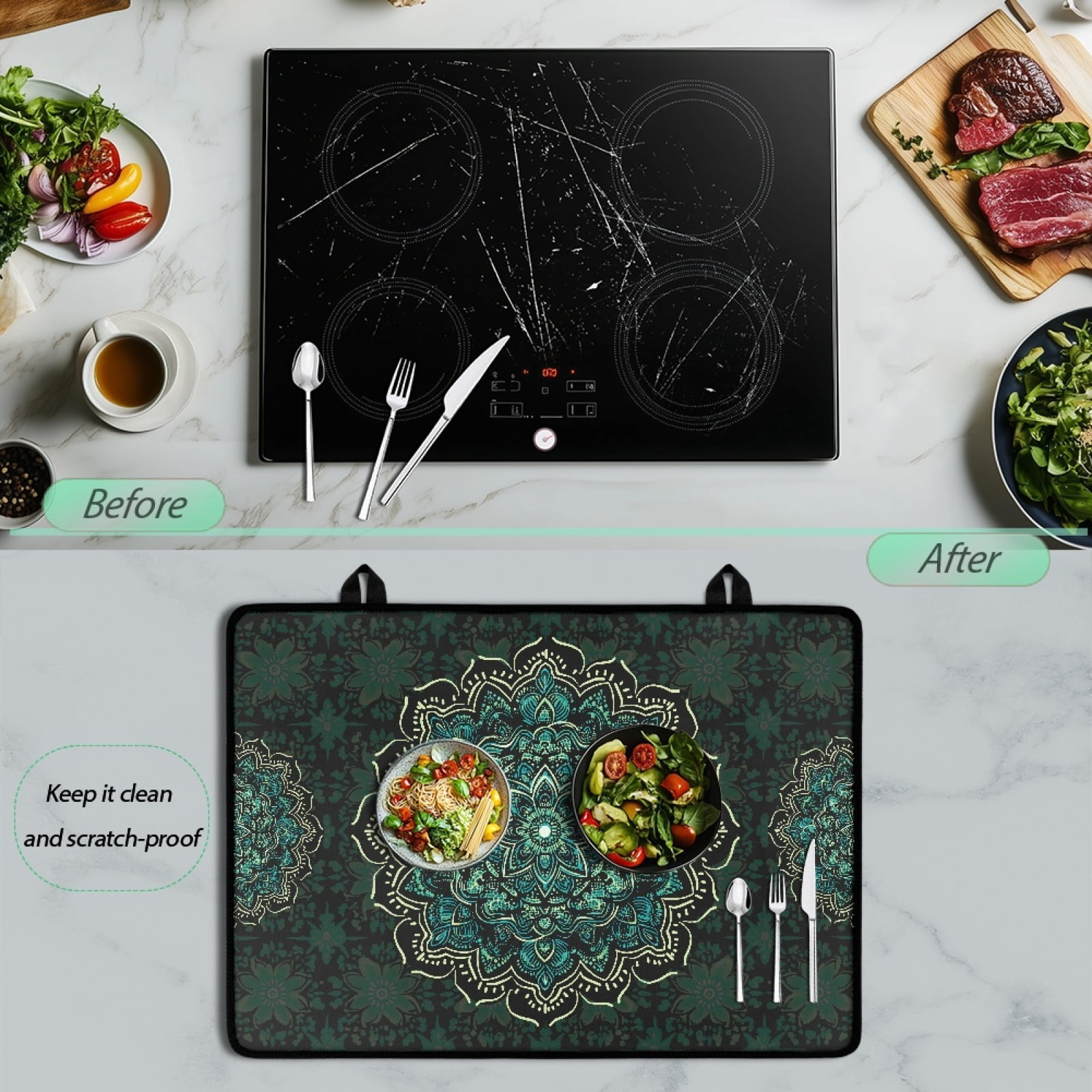 Renewold Electric Stove Cover Glass Stove Top Cover Heat Resistant Anti-slip Stovetop Protector Cover Cooktop Mat Extra Counter Space Extra Large, Boho Flower Green