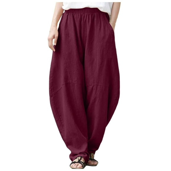 Bmisegm Women Fashion Solid Pocket Casual Loose Pants Spliced High Waist Trousers Pants for Women Red S