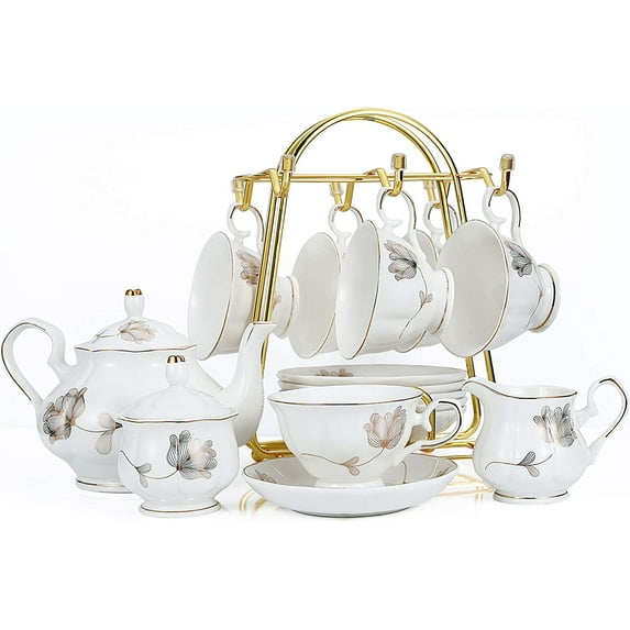Tea Set 22-Piece Porcelain Ceramic Coffee Tea Gift Sets Cups Saucer Service for 6 Teapot Sugar Bowl Creamer Pitcher and Teaspoons Porcelain Tea Set for Mother's Day(WITHOUT Mug Hooks)))