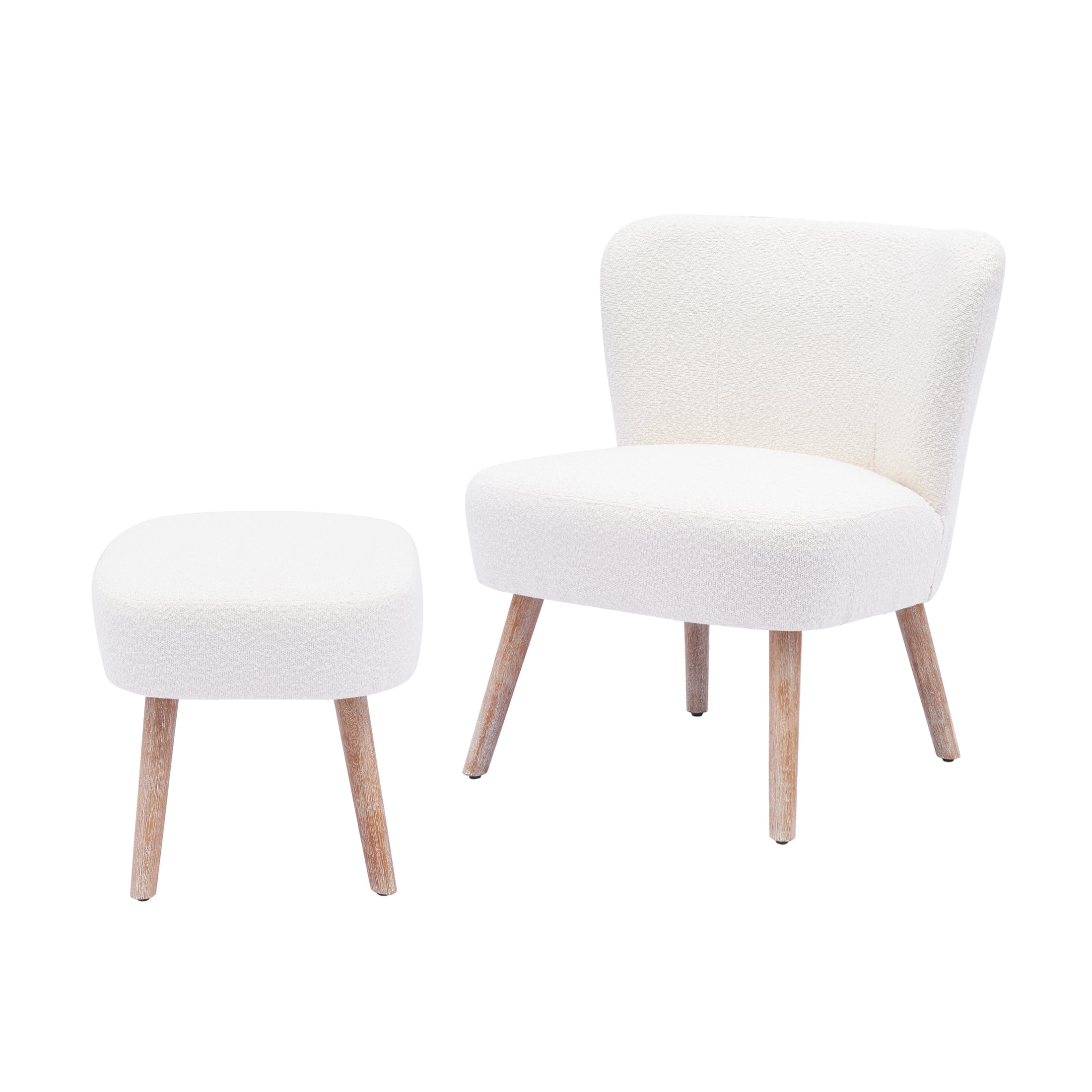Modern 2PC Set Wide Wingback Accent Chair in Water and Stain Resistant Boucle Upholstered Fabric and Ottoman, Cream