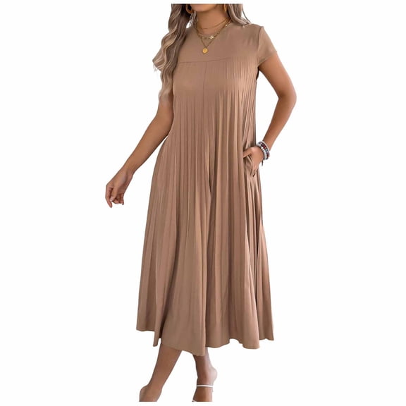 BUIGTTKLOP Women's Summer Short Sleeve Midi Dresses Round Neck Loose Dress with Pockets 2026
