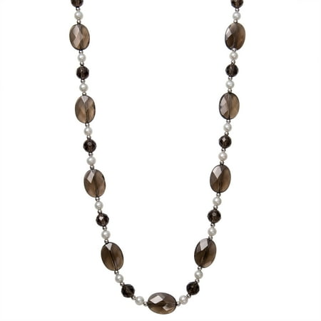 - 5-6mm Cultured Freshwater Pearl and Faceted Smokey Quartz Sterling Silver Necklace, 18