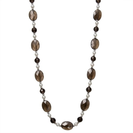 5-6mm Cultured Freshwater Pearl and Faceted Smokey Quartz Sterling Silver Necklace, 18