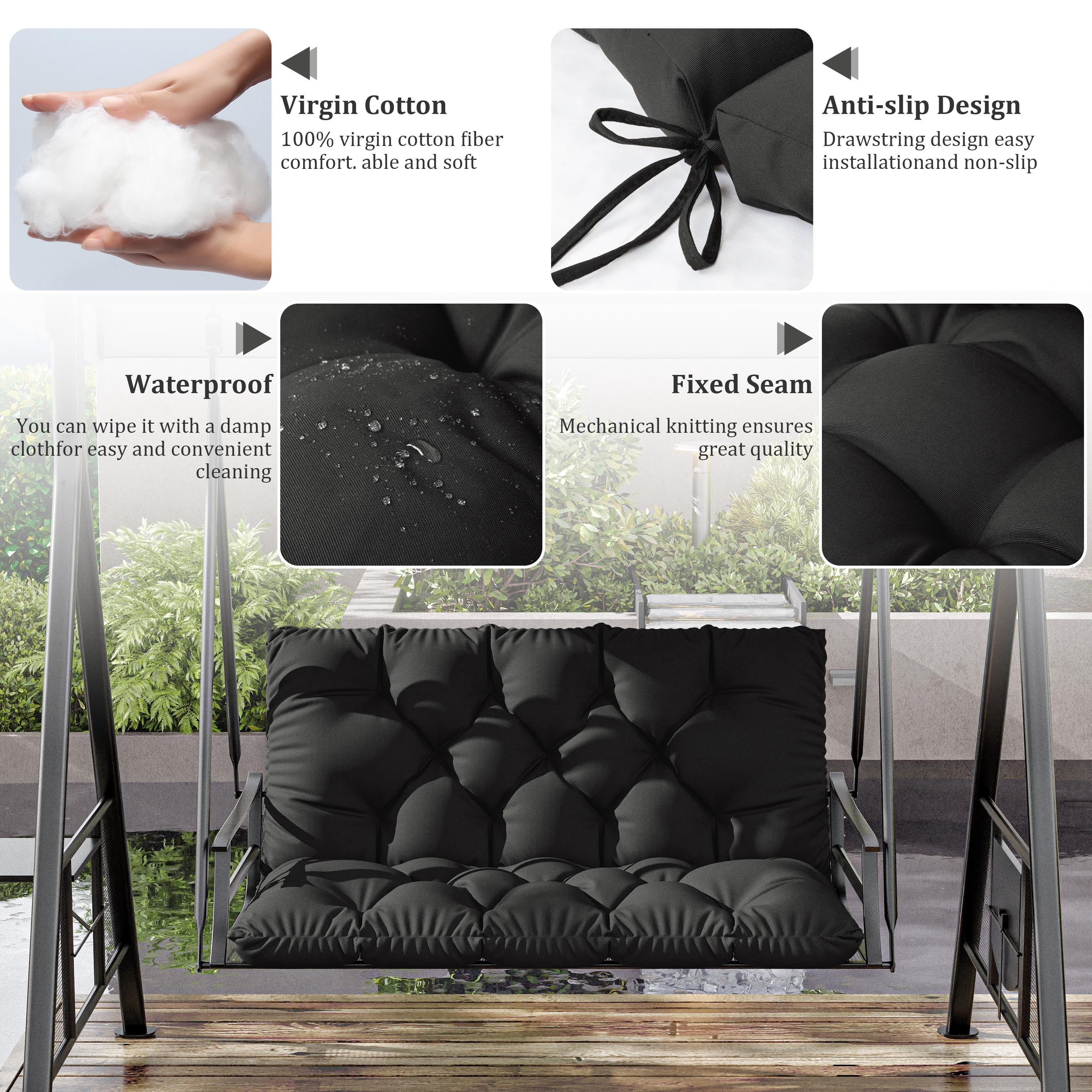 Kimunuk Outdoor Porch Swing Cushion, 40" X 40" X 5" Waterproof Bench Chair Replacement Cushion with 6 Ties for Patio, Black