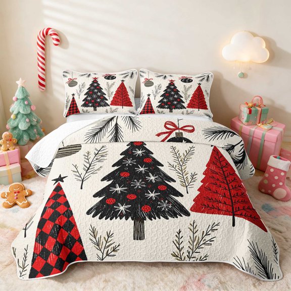 Manfei Christmas Tree Twin Quilt Set Green Twin Coverlet Set, Slate Red 2pcs 1 Bedspread and 1 Pillowcase